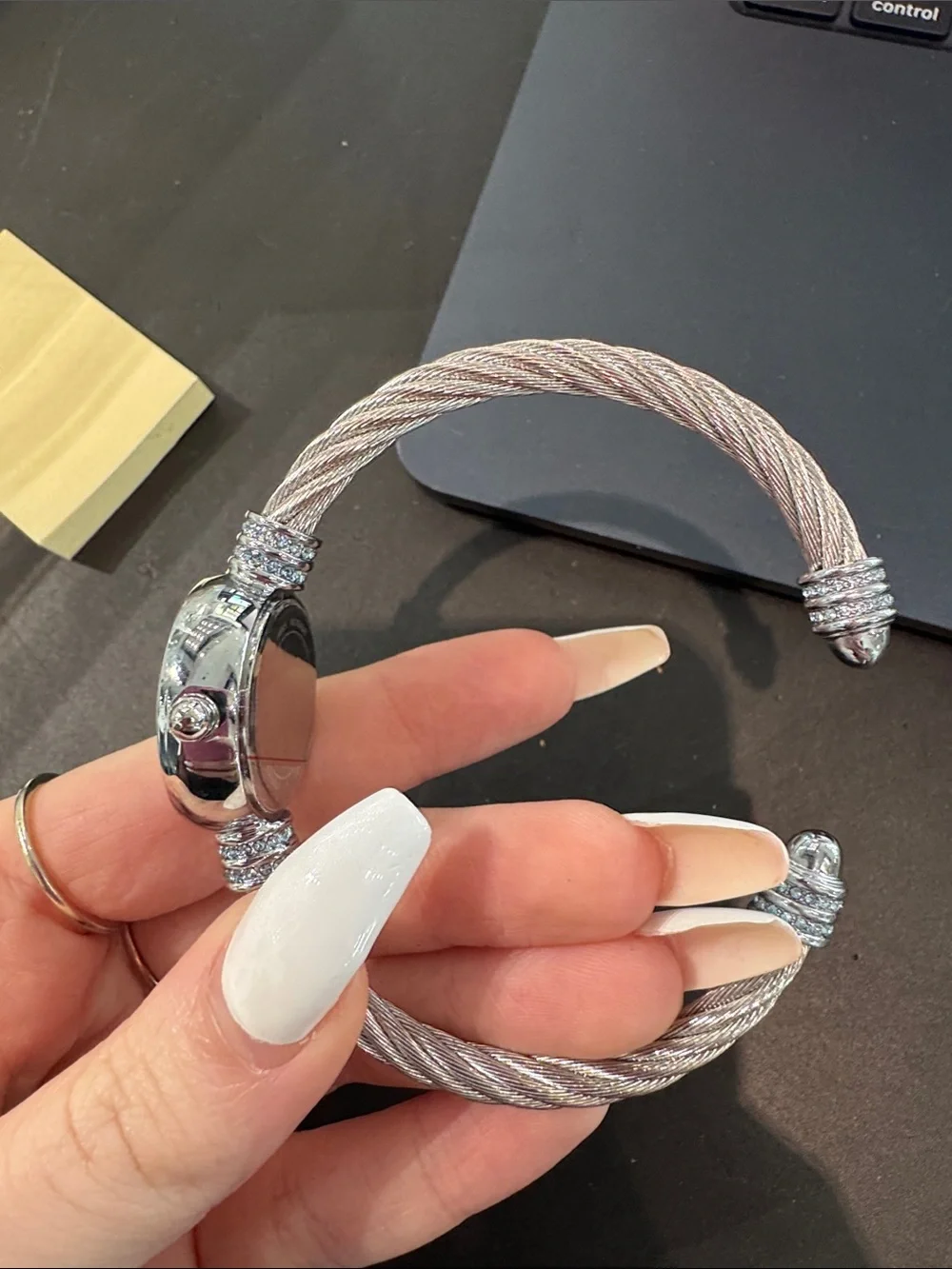 New DMQ Diamonique Silver-tone MOP Cable Bangle Watch